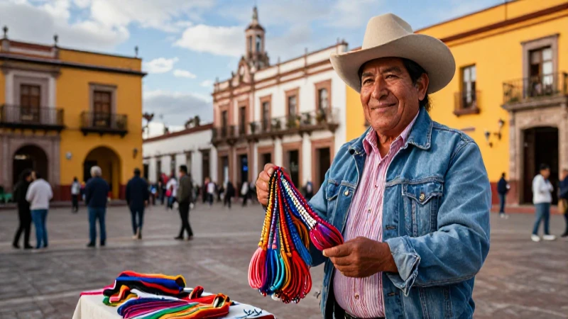 Artesano sonriente en plaza vibrante