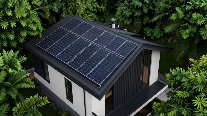 Casa sostenible, moderna, con paneles solares y naturaleza