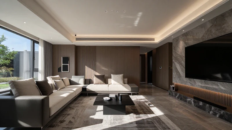 Salón moderno con diseño sofisticado y luz intensa