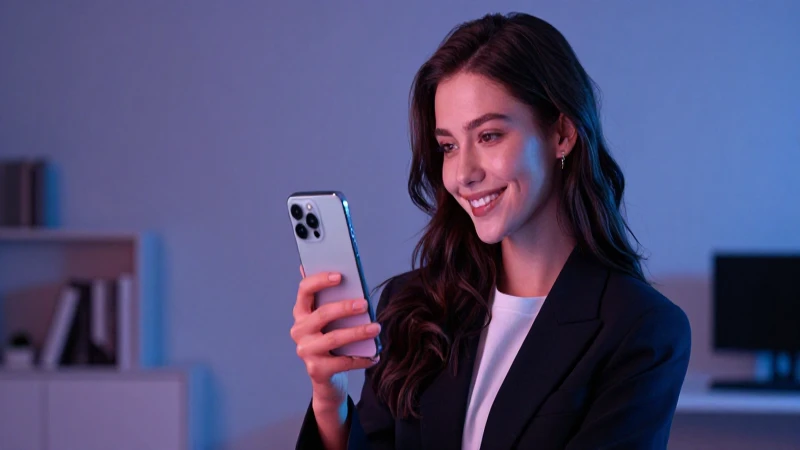 Joven sonriente con smartphone en interior moderno