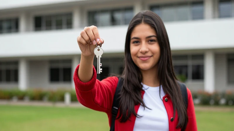 Joven mexicana universitaria con llave de oportunidad