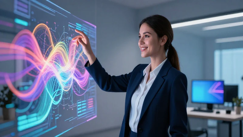 Mujer sonríante interactúa con interfaz digital vibrante