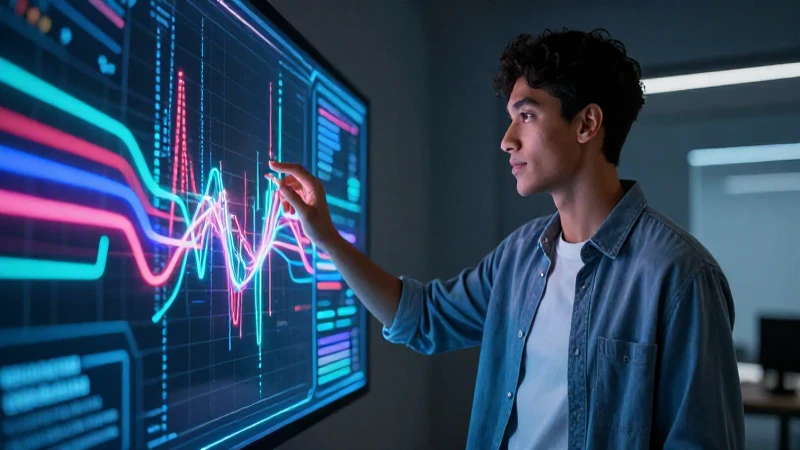 Joven moderno interactúa con interfaz digital neón