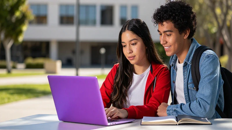 Estudiante mexicano y laptop en campus profesional