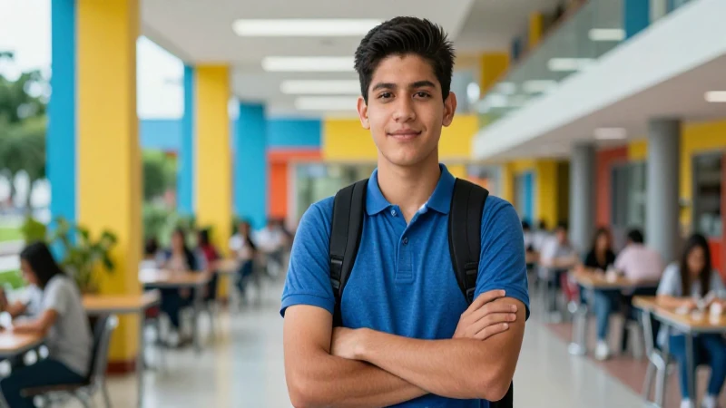 Estudiante mexicano seguro en moderno campus vibrante