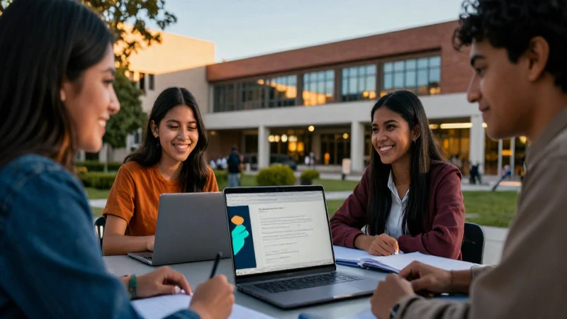 Estudiante sonríe en campus moderno y vibrante