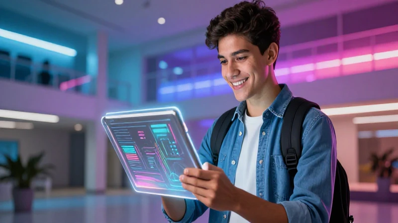 Estudiante interactúa con datos en campus moderno
