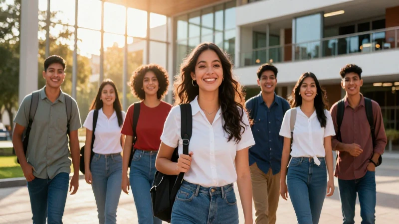 Estudiantes mexicanos felices en campus moderno