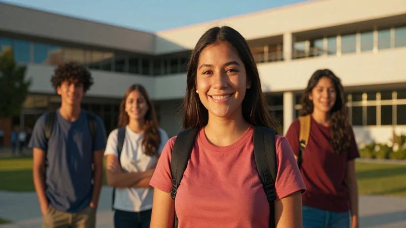 Estudiante mexicano sonríe en campus moderno al atardecer