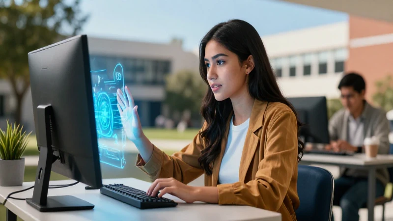 Estudiante mexicano interactúa en campus digital vibrante