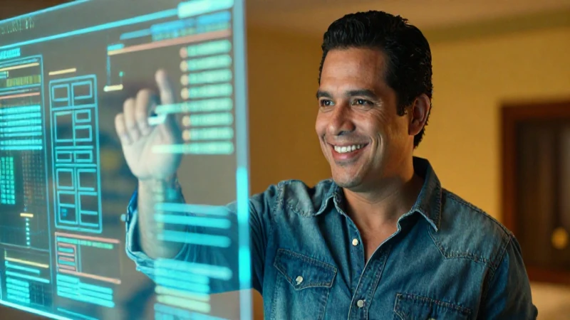 Hombre mexicano sonriente atraviesa portal digital luminoso