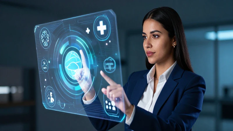 Joven profesional interactúa con hologramas de salud