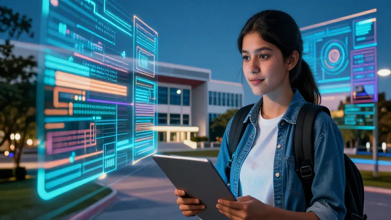 Estudiante mexicano en campus moderno con luz vibrante