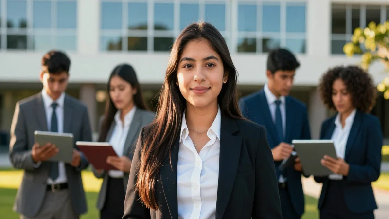 Estudiante mexicana profesional en campus moderno