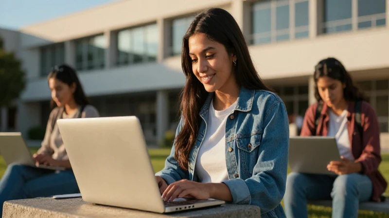 Joven estudiante mexicano en campus con laptop