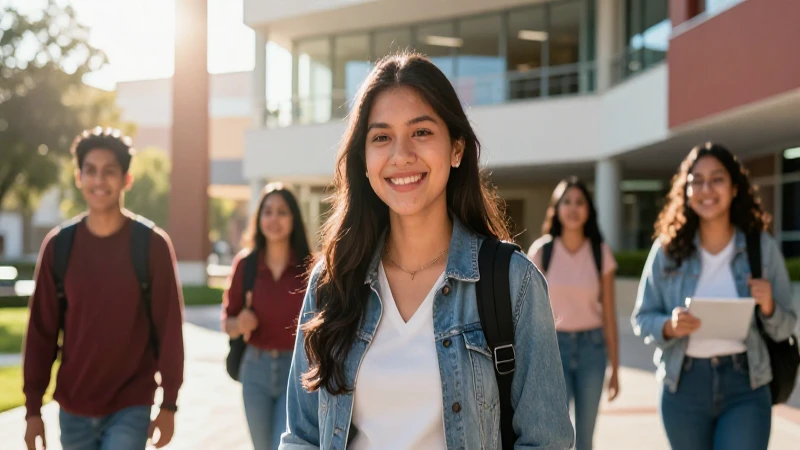 Estudiante mexicano sonríen en campus vibrante y moderno