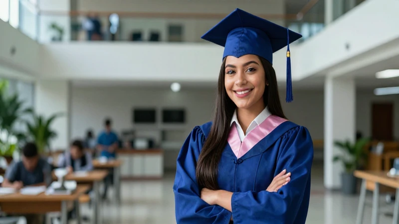 Joven graduado mexicano sonríe en campus moderno