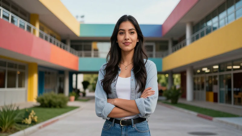Joven mexicana segura en campus moderno y vibrante