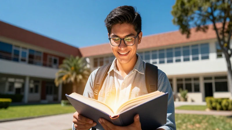Estudiante mexicano celebra éxito académico en campus vibrante