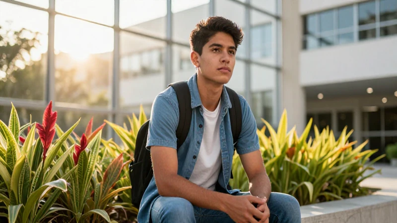 Estudiante mexicano en universidad, luz dorada, enfoque cinematográfico