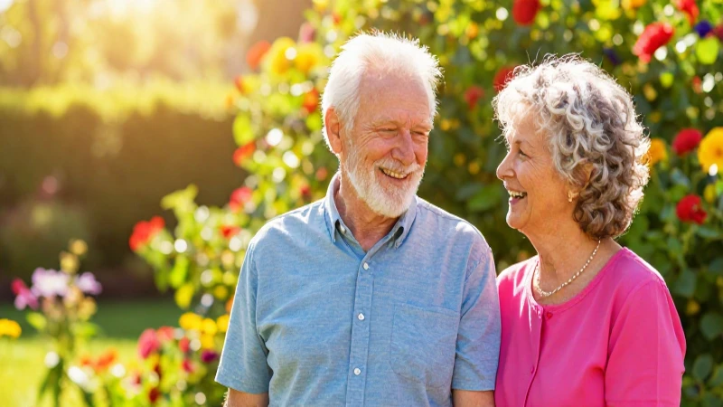 Pareja feliz en jardín vibrante con luz dorada