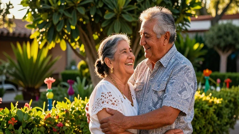 Pareja mexicana feliz en jardín dorado