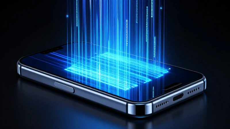 Smartphone azul con datos holográficos dinámicos