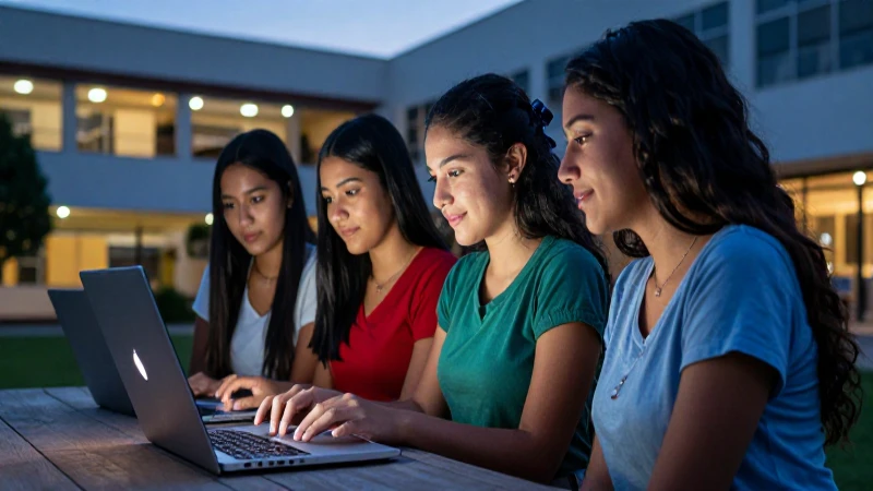 Estudiantes mexicanos en campus moderno y brillante