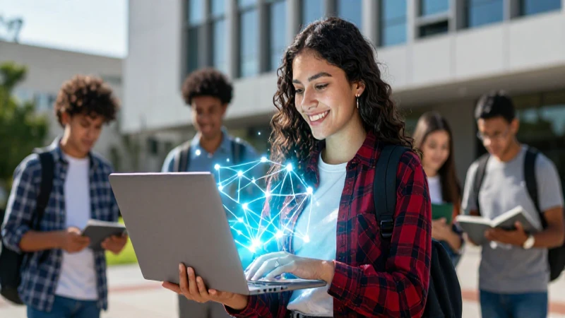 Estudiante mexicano sonriente con conexión digital en el campus