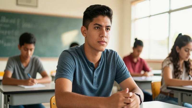 Joven mexicano carismático en aula moderna