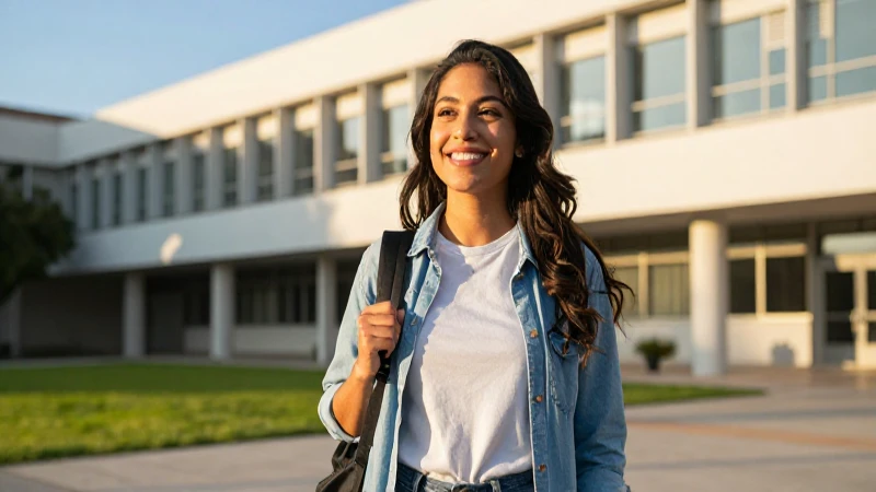Estudiante mexicano sonriente en campus universitario moderno