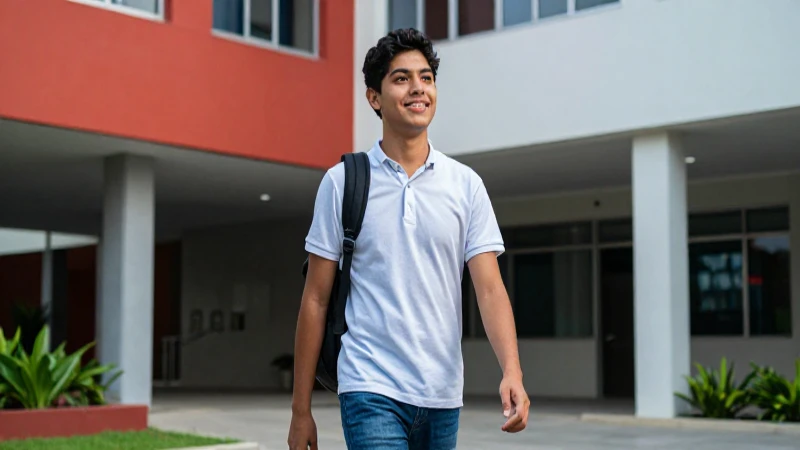 Estudiante mexicano sonriente en un moderno campus