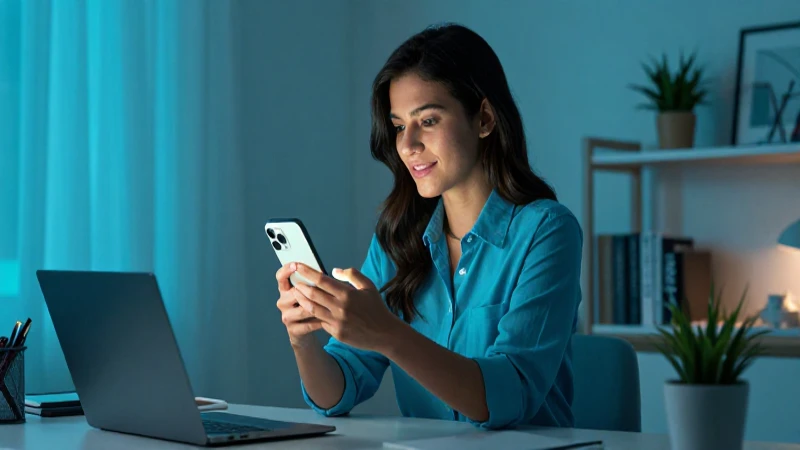 Mujer atractiva mexicana en oficina moderna con smartphone