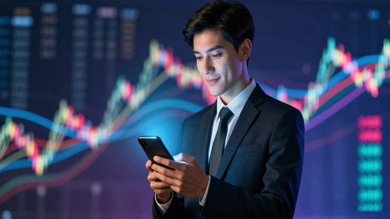 Profesional con smartphone y datos financieros abstractos