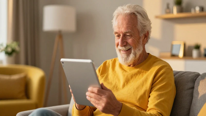 Cómo acceder al portal de jubilados de Telmex 76 Anciano feliz con tableta moderna y luces doradas