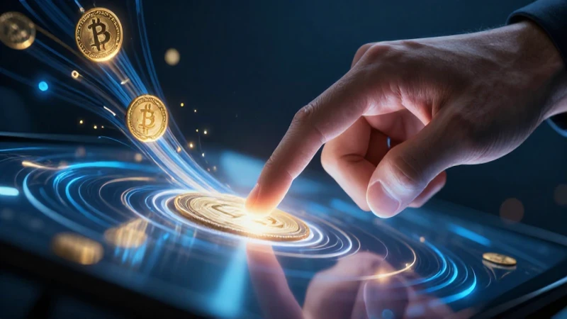 Mano interactúa con pantalla brillante de criptomonedas