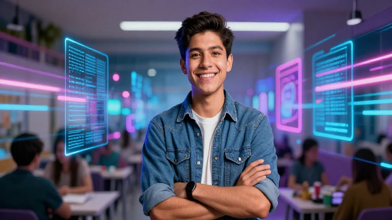 Estudiante mexicano sonriente en ambiente académico moderno