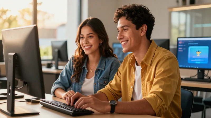 Pareja mexicana sonríendo en aprendizaje moderno