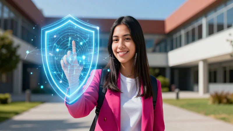 Estudiante mexicano brillante con escudo digital futurista