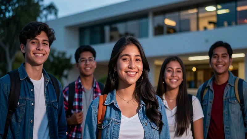 Estudiante mexicano sonriendo en campus moderno