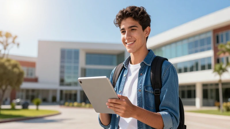 Estudiante mexicano con tablet en campus futurista
