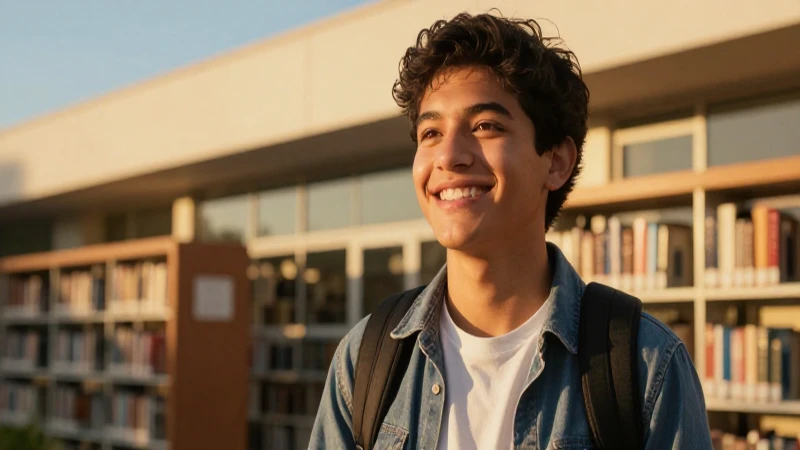 Estudiante mexicano feliz en biblioteca, estilo vibrante