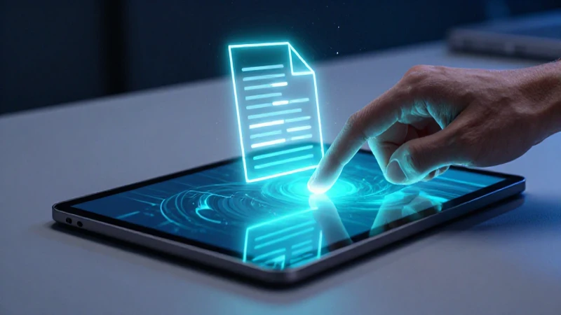 Manos interactúan con tablet digital etérea