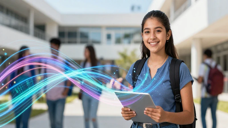 Estudiante sonriente con campus moderno y datos digitales