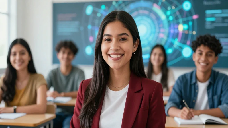 Estudiante mexicano sonríe en aula moderna y vibrante