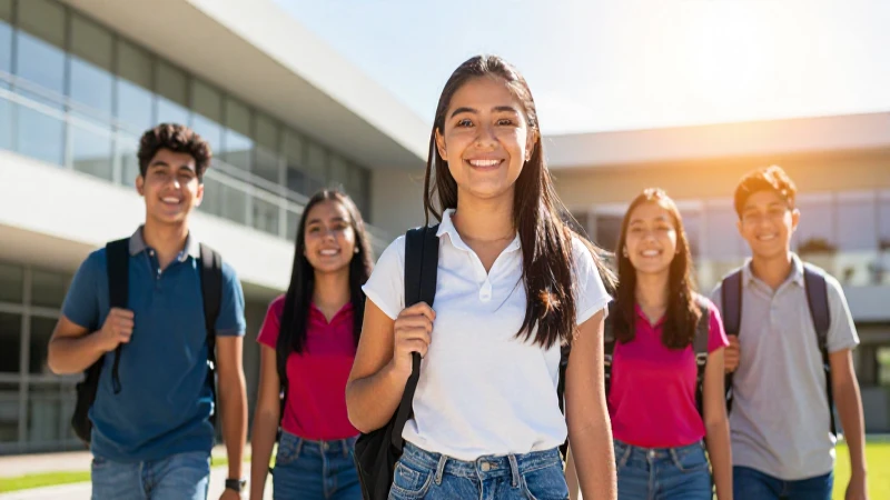 Felices estudiantes mexicanos en campus moderno y brillante