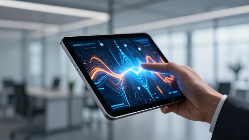 Manos sostienen tablet digital con flujo de datos