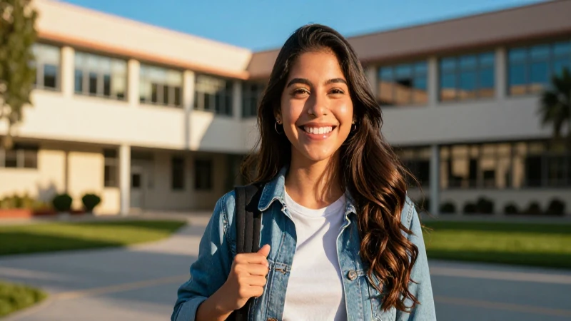 Jovencita mexicana alegre en campus con luz dorada