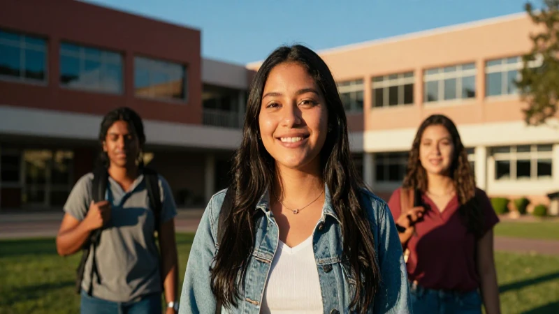 Estudiante sonríe en moderno campus vibrante