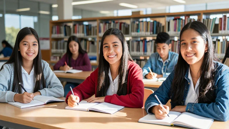 Jóvenes mexicanos felices estudian en una biblioteca